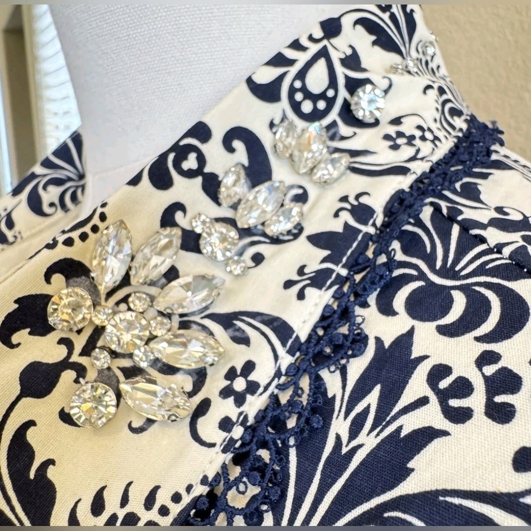 Trish Scully Constance Maxi Dress Navy Damask Sz 14 Jewel Collar Long Sleeve Nwt — image 3 of 7